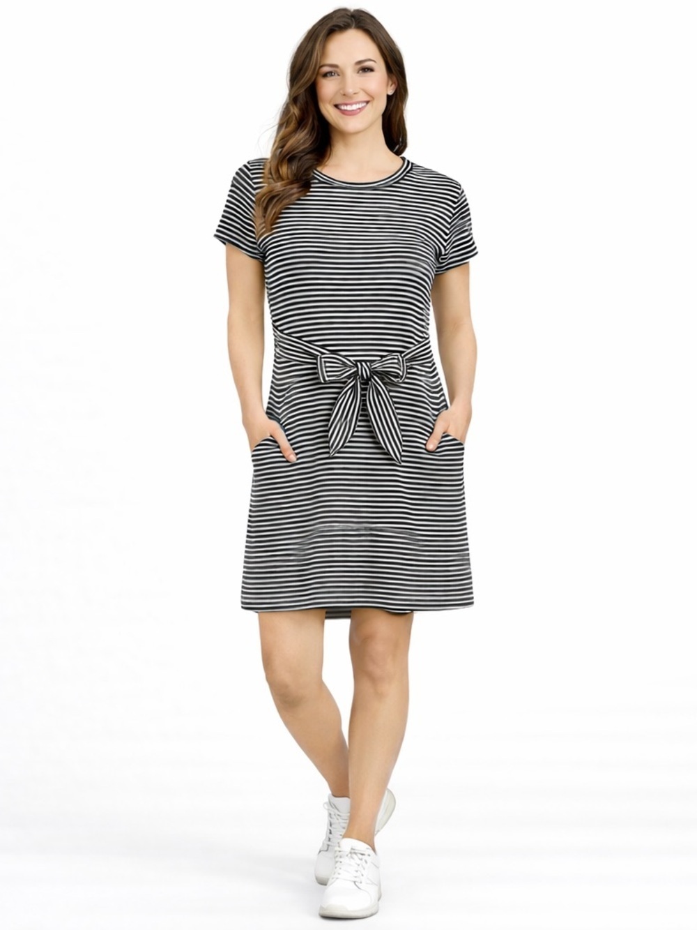 Merokeety Women’s XL Black & White Striped Tie Waist Knee Length Dress